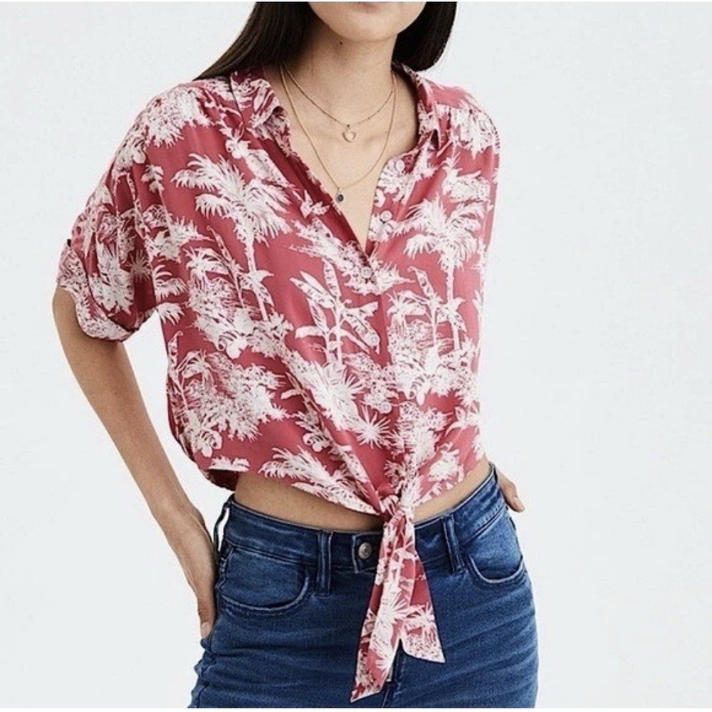 American Eagle Outfitters Pink Tropical Tie-Front Button-Up Shirt Size L